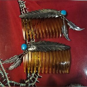 Vintage Navajo Pair Turquoise & Sterling Silver Hair Combs w/ Silver Feathers